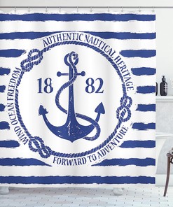 Freedom Heritage Striped Anchor Shower Curtain, Old Nautical Emblem Marine, Cloth Fabric Bathroom Decor In White Blue