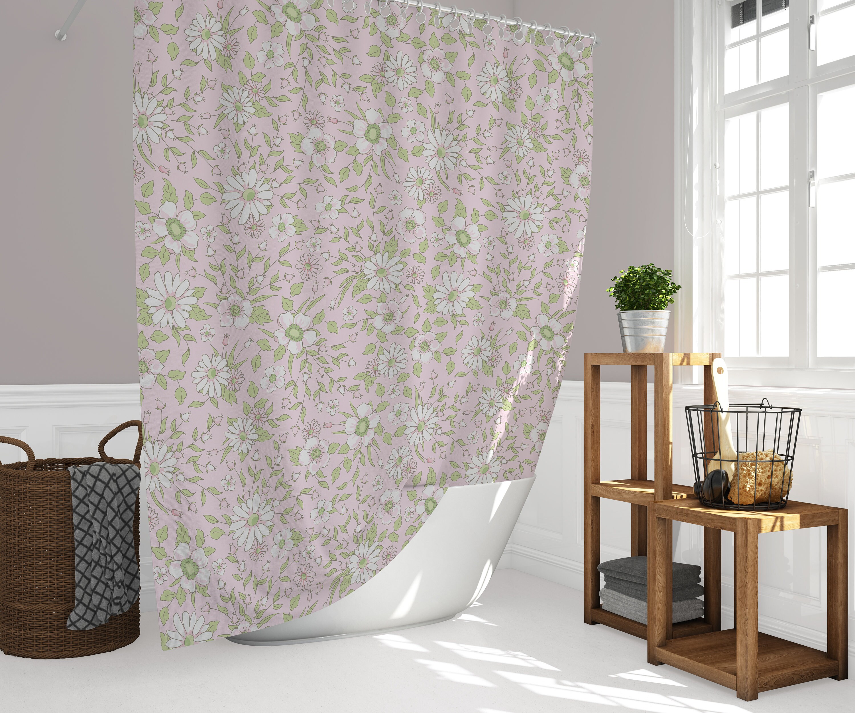 French Botanical Shower Curtain With Pink, Sage, And White Floral For A Chic Vibe