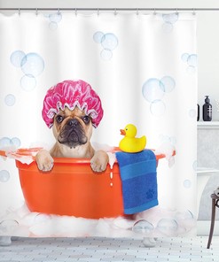 French Bulldog Bubble Bath Shower Curtain - Cloth Fabric Bathroom Decor In Orange Pink
