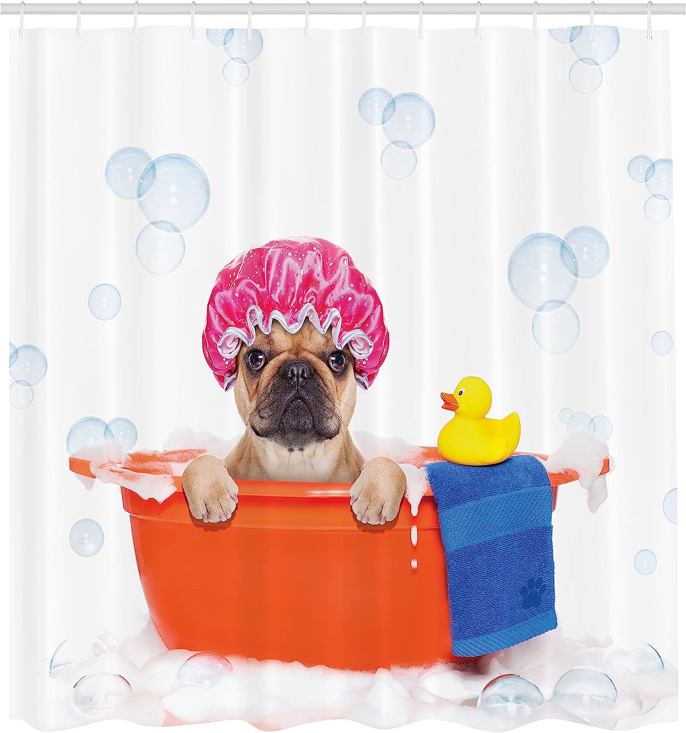 French Bulldog Bubble Bath Shower Curtain - Cloth Fabric Bathroom Decor In Orange Pink - Image 2
