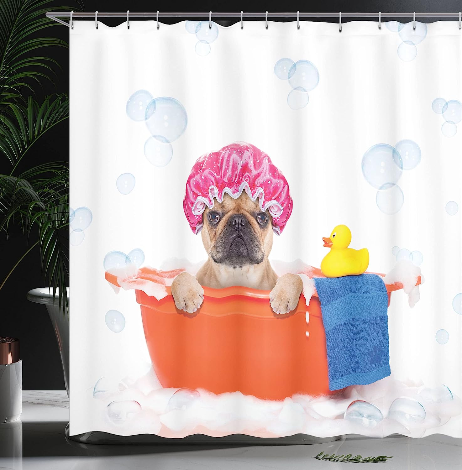 French Bulldog Bubble Bath Shower Curtain - Cloth Fabric Bathroom Decor In Orange Pink - Image 3