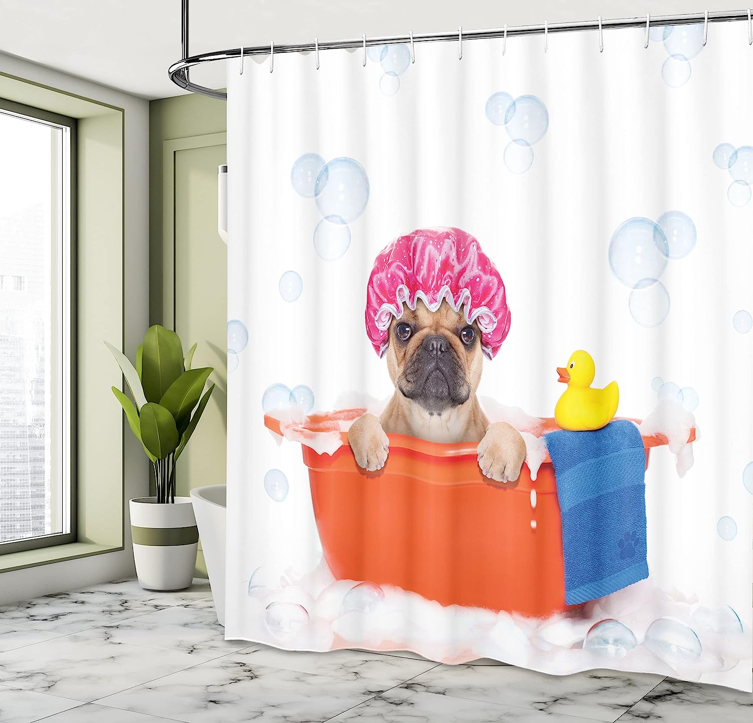 French Bulldog Bubble Bath Shower Curtain - Cloth Fabric Bathroom Decor In Orange Pink - Image 4