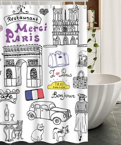 French Bulldog Cafe Car Triumph Arch Cathedral Vintage European City Print Shower Curtain