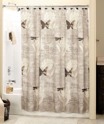 French Butterfly Dragonfly Jardin Garden Neutral Tone Shower Curtain for Rustic Bathroom