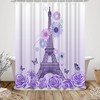 French City Landscape Shower Curtain with Purple Eiffel Tower and Flowers Butterfly Decoration 