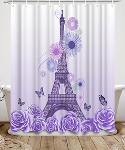French City Landscape Shower Curtain with Purple Eiffel Tower and Flowers Butterfly Decoration 