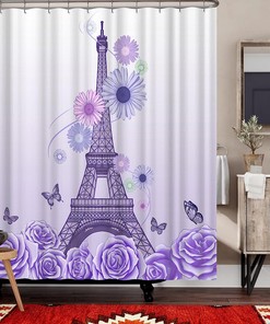 French City Landscape Shower Curtain with Purple Eiffel Tower and Flowers Butterfly Decoration