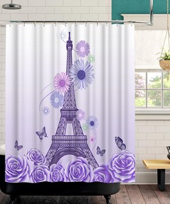 French City Landscape Shower Curtain with Purple Eiffel Tower and Flowers Butterfly Decoration 