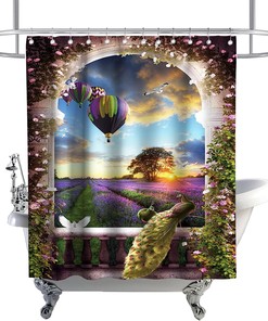 French Garden Theme Shower Curtain - Peacock Purple Lavender Hot Air Balloon 