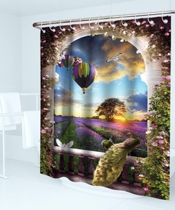 French Garden Theme Shower Curtain - Peacock Purple Lavender Hot Air Balloon