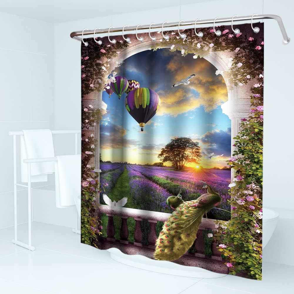 French Garden Theme Shower Curtain - Peacock Purple Lavender Hot Air Balloon