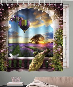 French Garden Theme Shower Curtain - Peacock Purple Lavender Hot Air Balloon