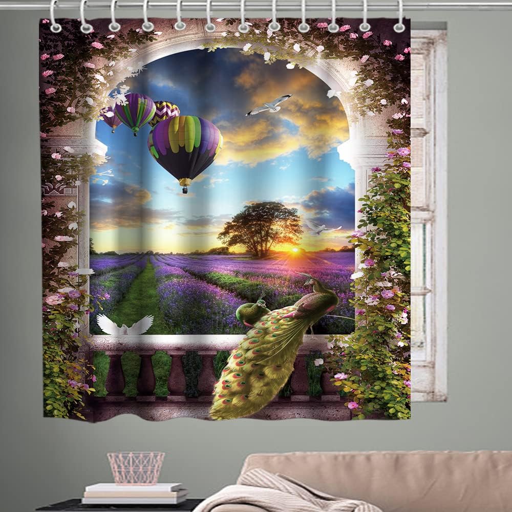 French Garden Theme Shower Curtain - Peacock Purple Lavender Hot Air Balloon