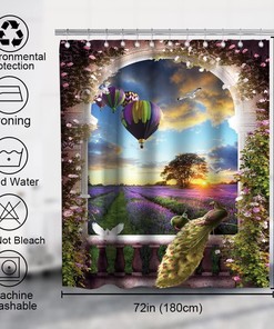 French Garden Theme Shower Curtain - Peacock Purple Lavender Hot Air Balloon
