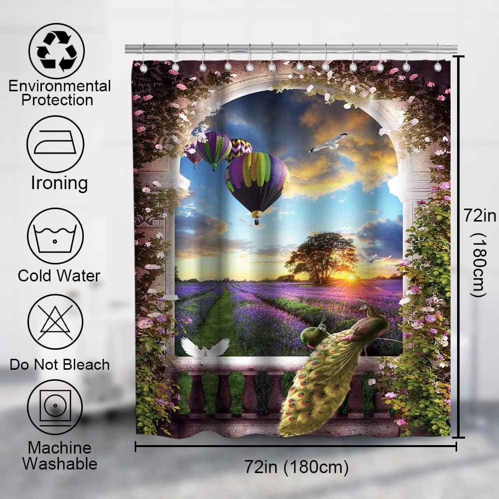 French Garden Theme Shower Curtain - Peacock Purple Lavender Hot Air Balloon
