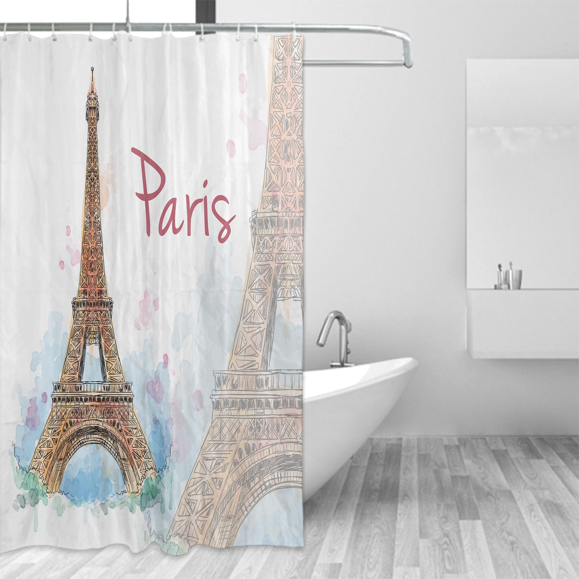 French Paris Eiffel Tower Shower Curtain With Custom Name, City Of Love Bathroom Decor Art Print - Image 2
