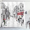 French Pedestrian Shower Curtain, Stores And The Silhouette Of Eiffel Print, Cloth Bathroom Decor