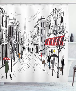 French Pedestrian Shower Curtain, Stores And The Silhouette Of Eiffel Print, Cloth Bathroom Decor