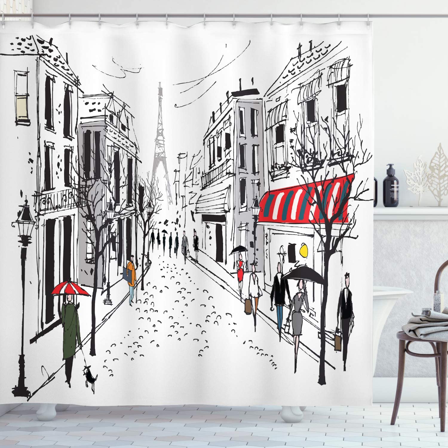 French Pedestrian Shower Curtain, Stores And The Silhouette Of Eiffel Print, Cloth Bathroom Decor