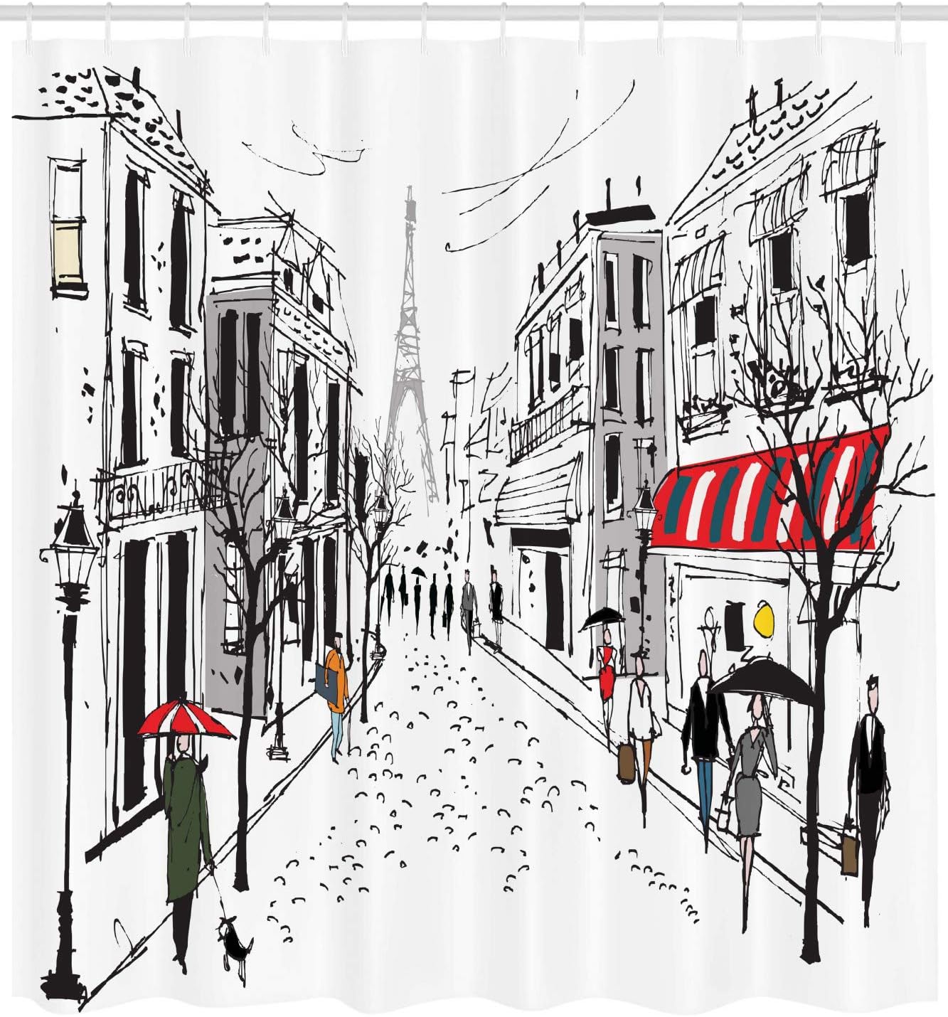 French Pedestrian Shower Curtain, Stores And The Silhouette Of Eiffel Print, Cloth Bathroom Decor - Image 2