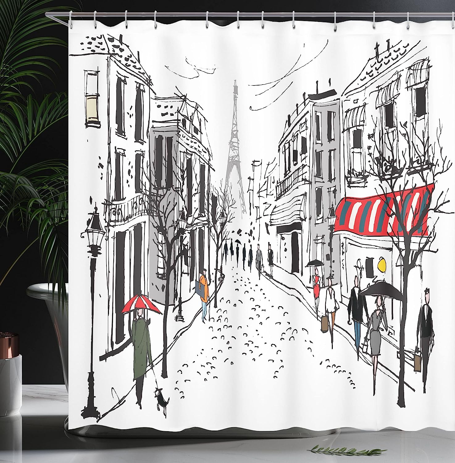 French Pedestrian Shower Curtain, Stores And The Silhouette Of Eiffel Print, Cloth Bathroom Decor - Image 3