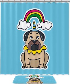 French Pug Dog Unicorn Rainbow Cloud Blue Shower Curtain With Waterproof Bathroom Decors For Unique