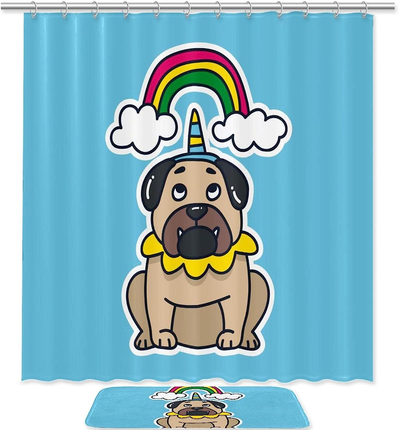 French Pug Dog Unicorn Rainbow Cloud Blue Shower Curtain With Waterproof Bathroom Decors For Unique