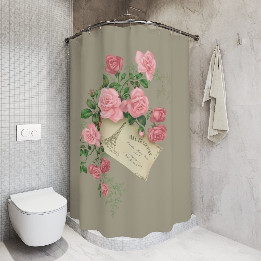 French Vintage Pink Roses Shower Curtain - Shabby Chic Bathroom Decor