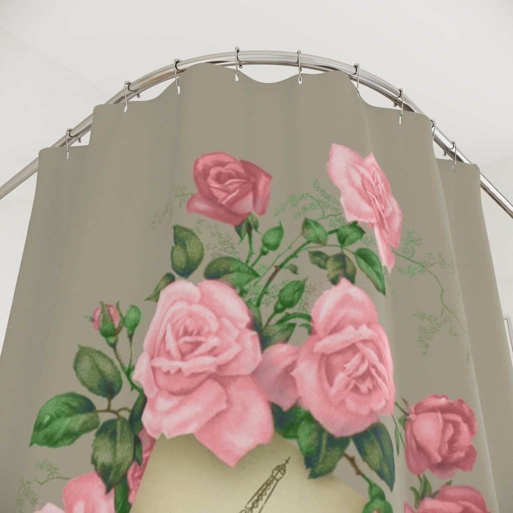 French Vintage Pink Roses Shower Curtain - Shabby Chic Bathroom Decor