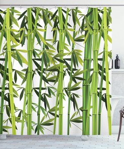 Fresh And Green Asian Bamboo Shower Curtain With Plants Print For Your Bathroom