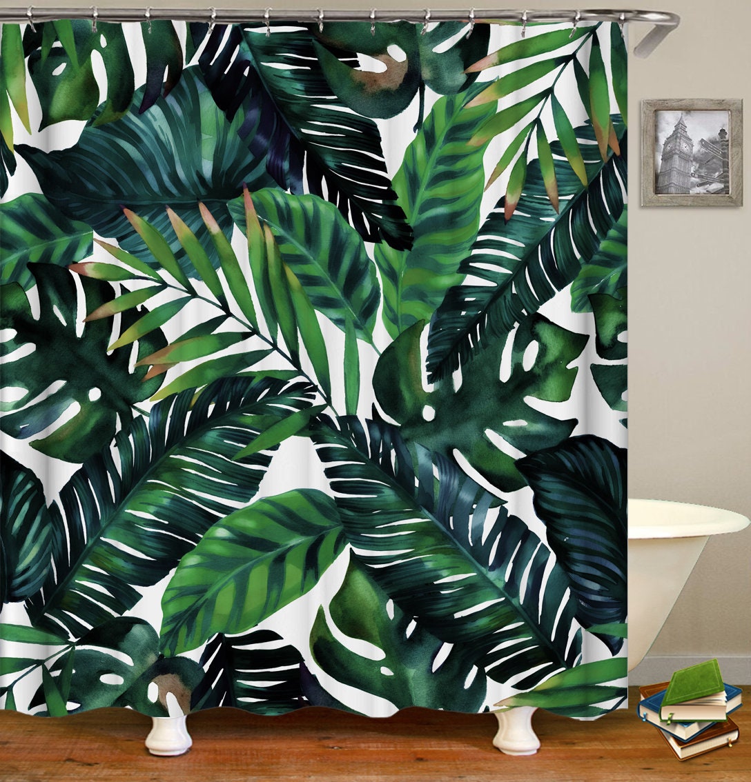 Fresh And Tropical Shower Curtain With Bananenblad Prints And Hooks