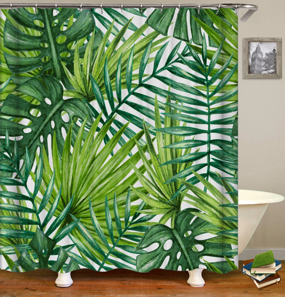 Fresh And Tropical Shower Curtain With Bananenblad Prints And Hooks - Image 2