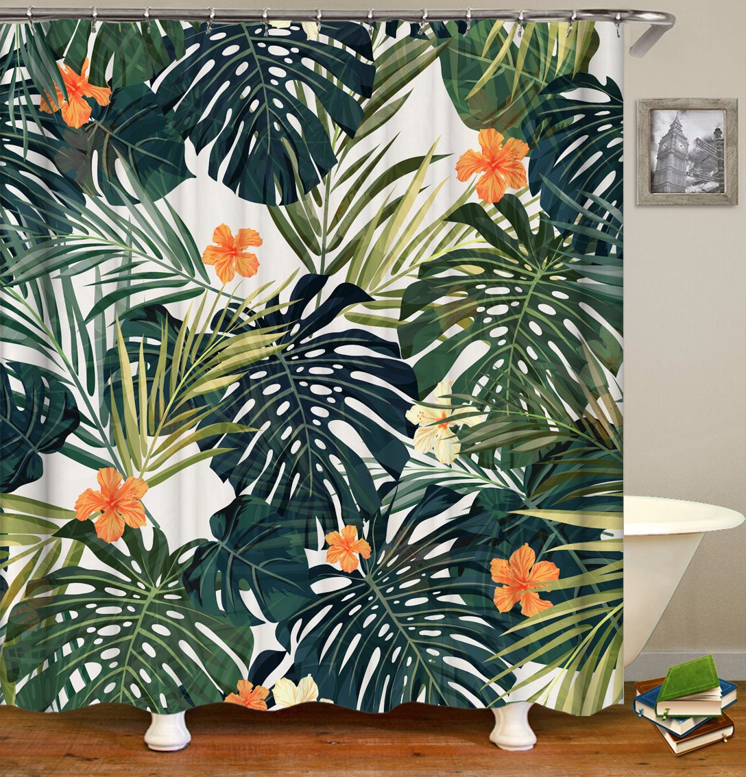 Fresh And Tropical Shower Curtain With Bananenblad Prints And Hooks - Image 3