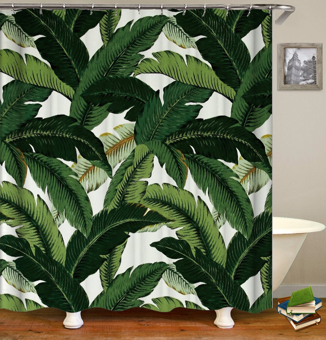 Fresh And Tropical Shower Curtain With Bananenblad Prints And Hooks - Image 4