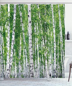 Fresh Green Leaves And Forest Landscape Shower Curtain In Green, White, And Black