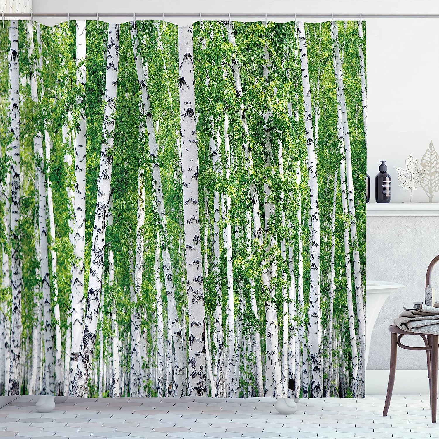 Fresh Green Leaves And Forest Landscape Shower Curtain In Green, White, And Black