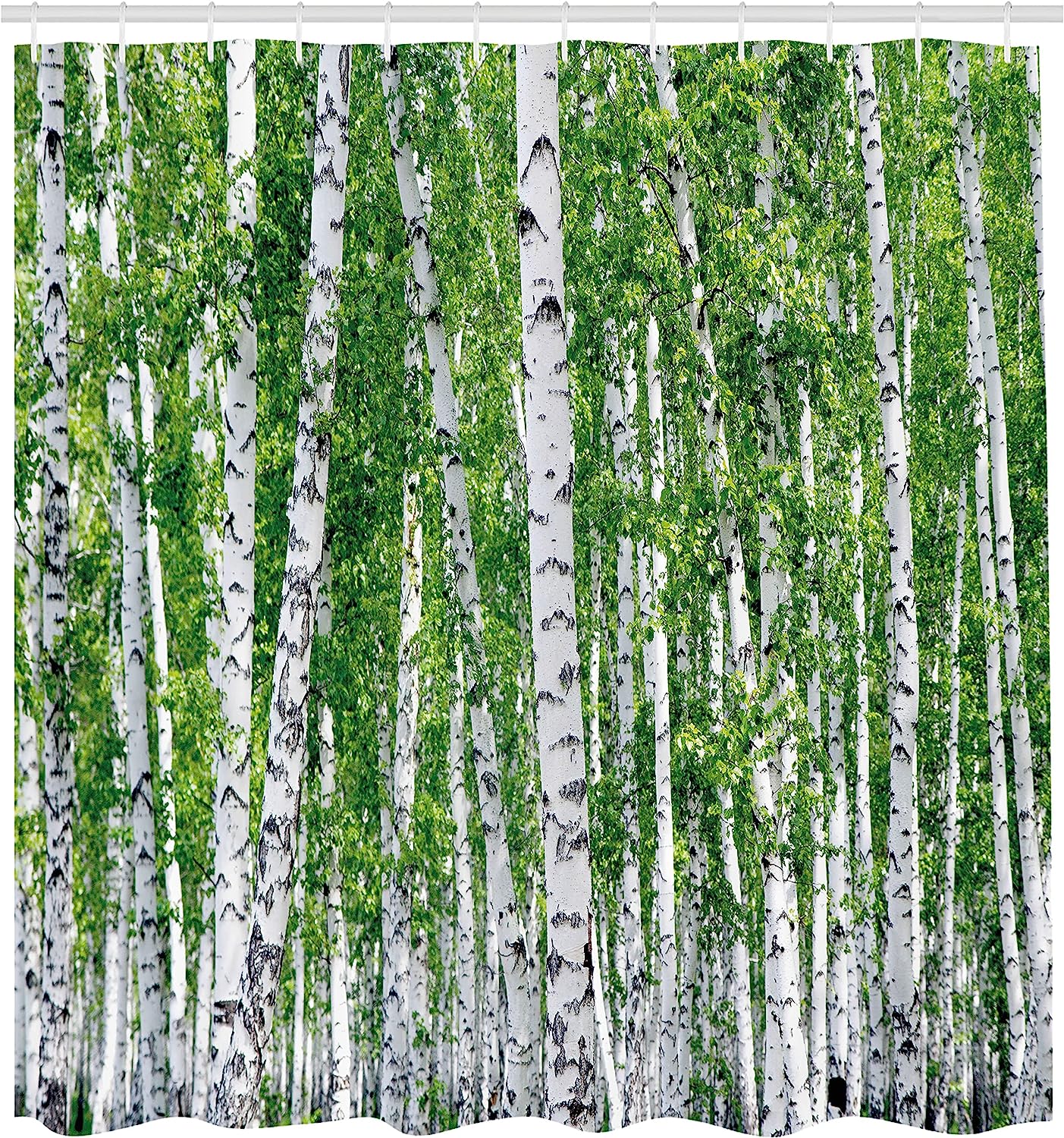 Fresh Green Leaves And Forest Landscape Shower Curtain In Green, White, And Black - Image 2