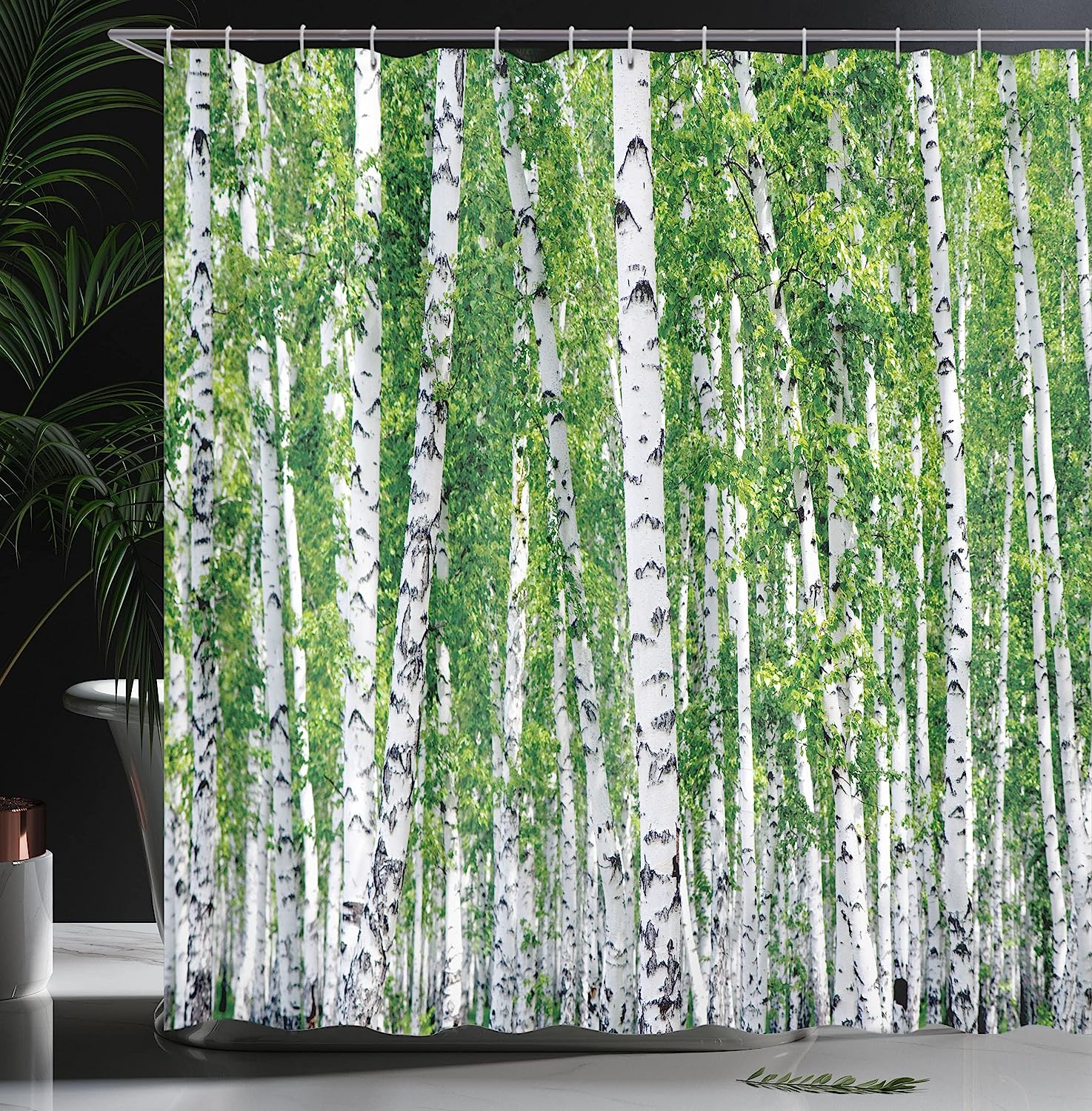 Fresh Green Leaves And Forest Landscape Shower Curtain In Green, White, And Black - Image 3