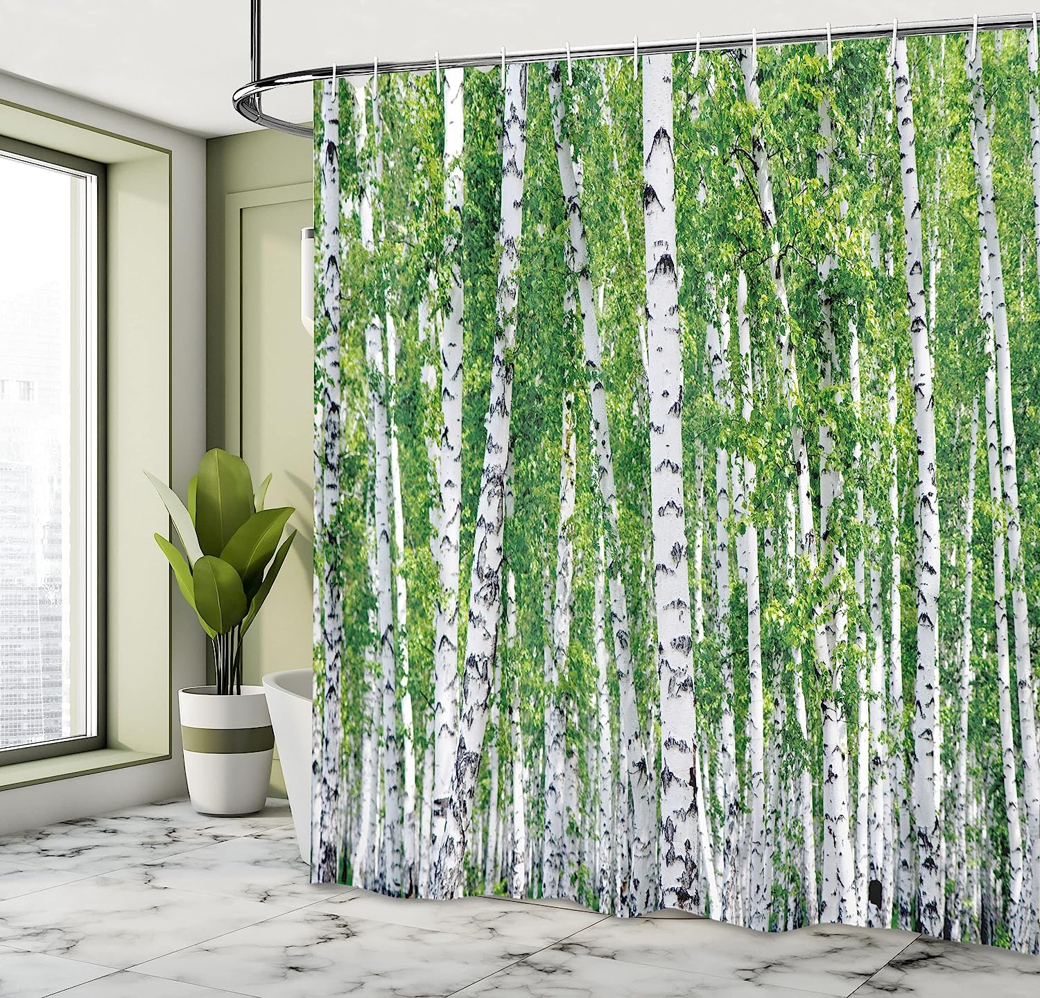 Fresh Green Leaves And Forest Landscape Shower Curtain In Green, White, And Black - Image 4
