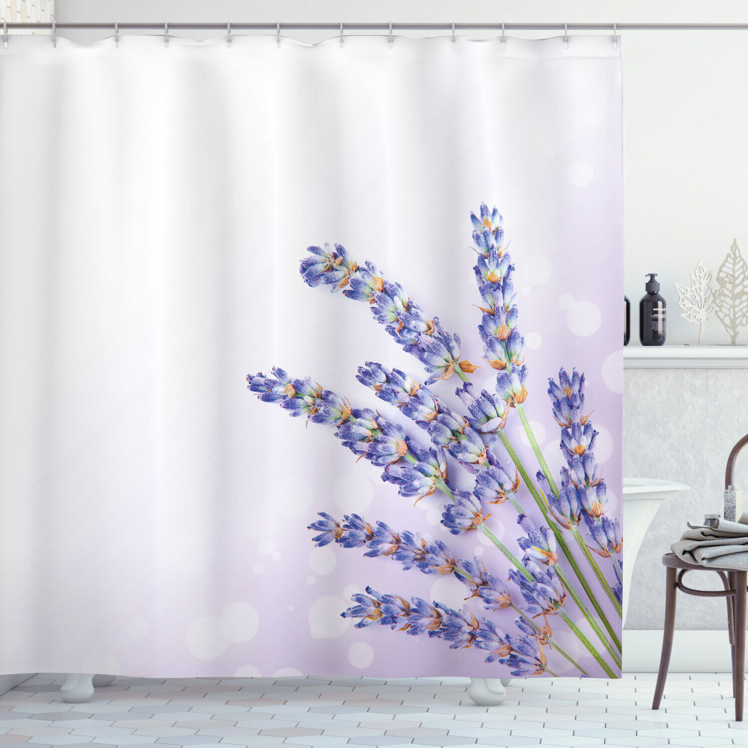Fresh Herb Plant Posy Print Lavender Shower Curtain for a Nature-Themed Bathroom
