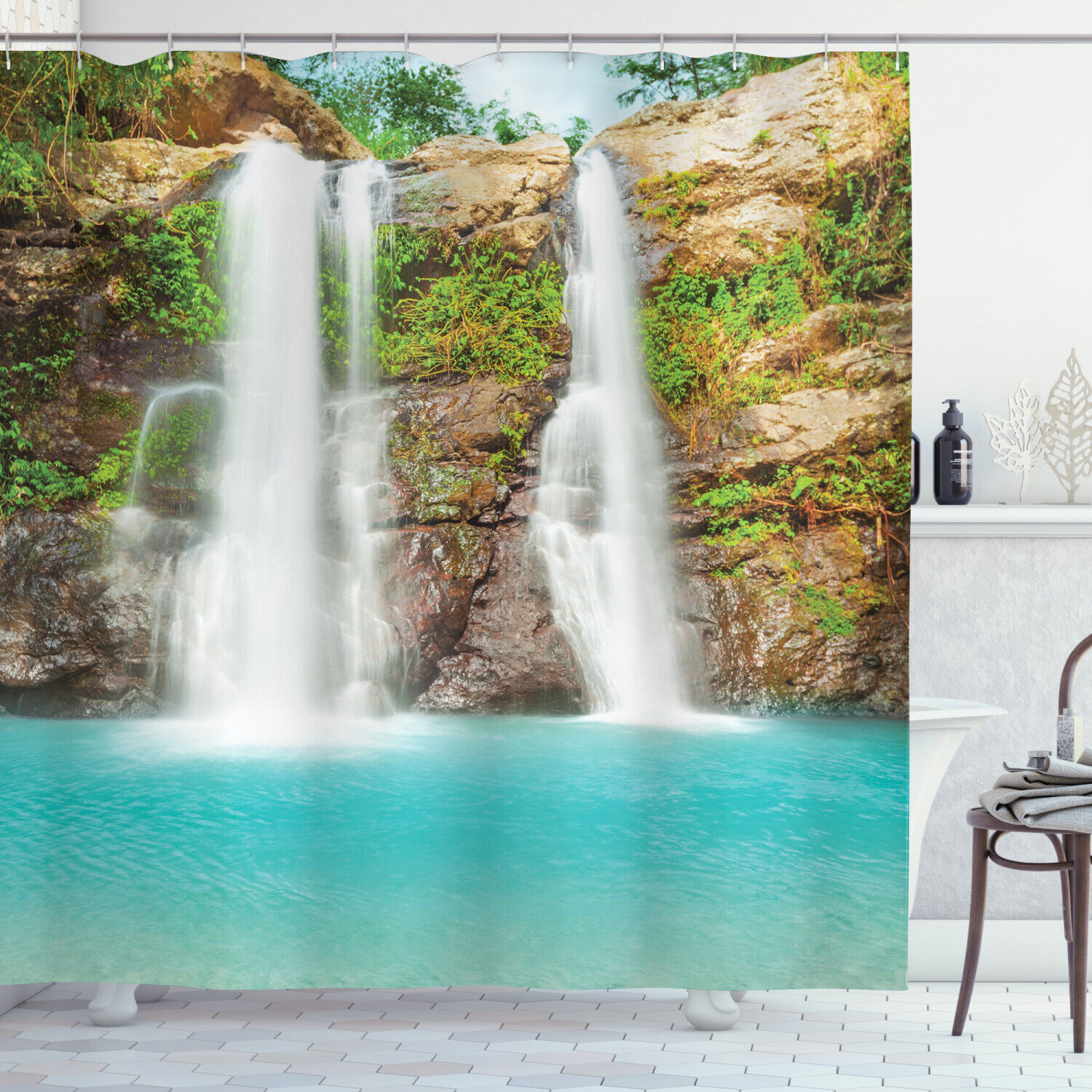 Fresh Lake Tropical Rainforest Waterfall Shower Curtain for Bathroom Decor