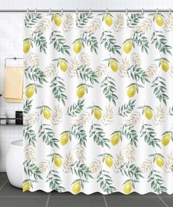 Fresh Lemon Shower Curtain, Fruit And Leaves Watercolor Summer Bath Decor