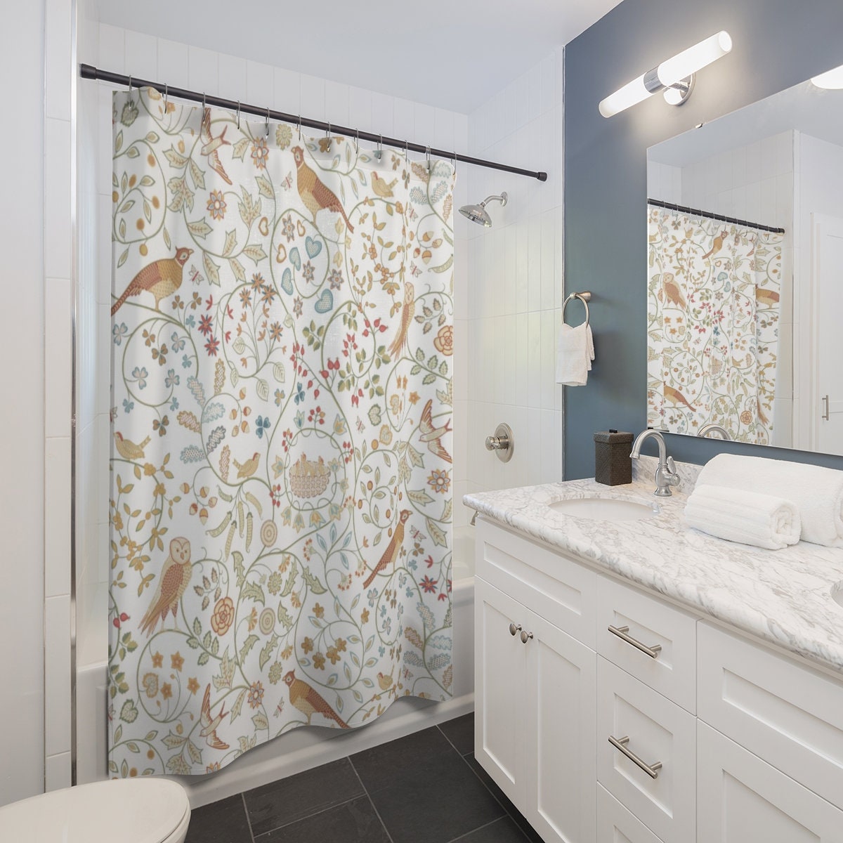 Fresh Modern Bathroom with Newill Woodland Owl Vintage Botanical Pattern Shower Curtain