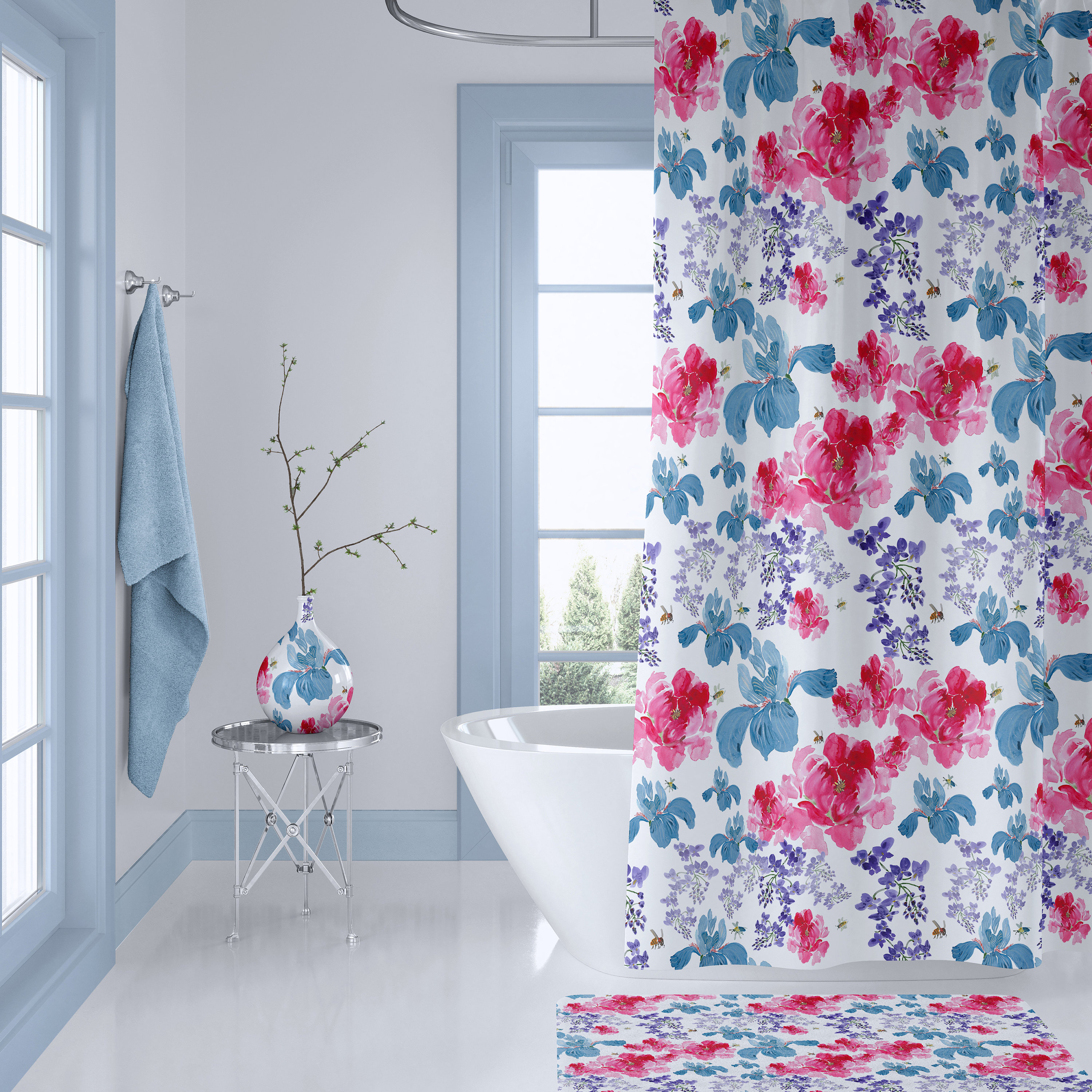 Fresh Spring Floral Shower Curtain With Peonies, Iris And Wisteria Print