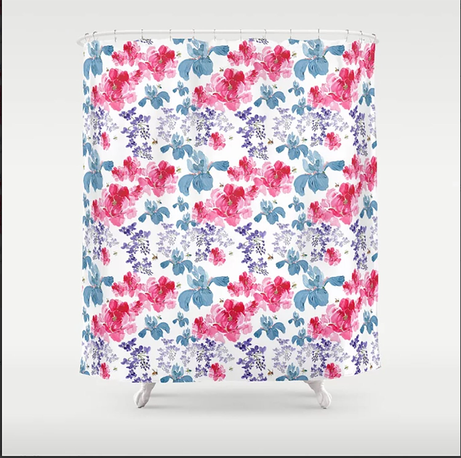 Fresh Spring Floral Shower Curtain With Peonies, Iris And Wisteria Print