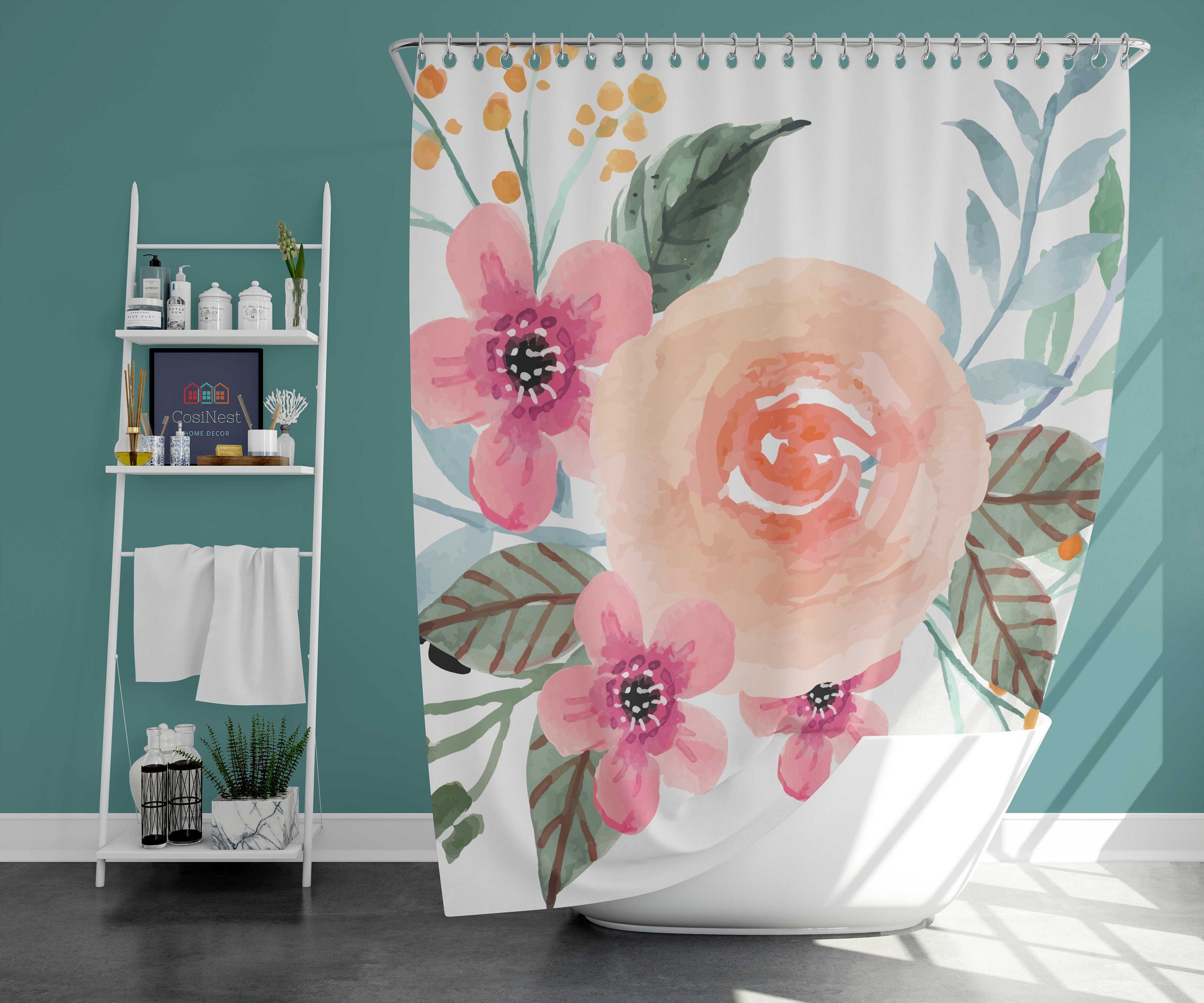 Fresh Summer Floral Watercolor Shower Curtain for a Botanical and Natural Bathroom