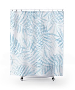 Fresh Summery Blue and White Watercolor Palm Leaves Shower Curtain
