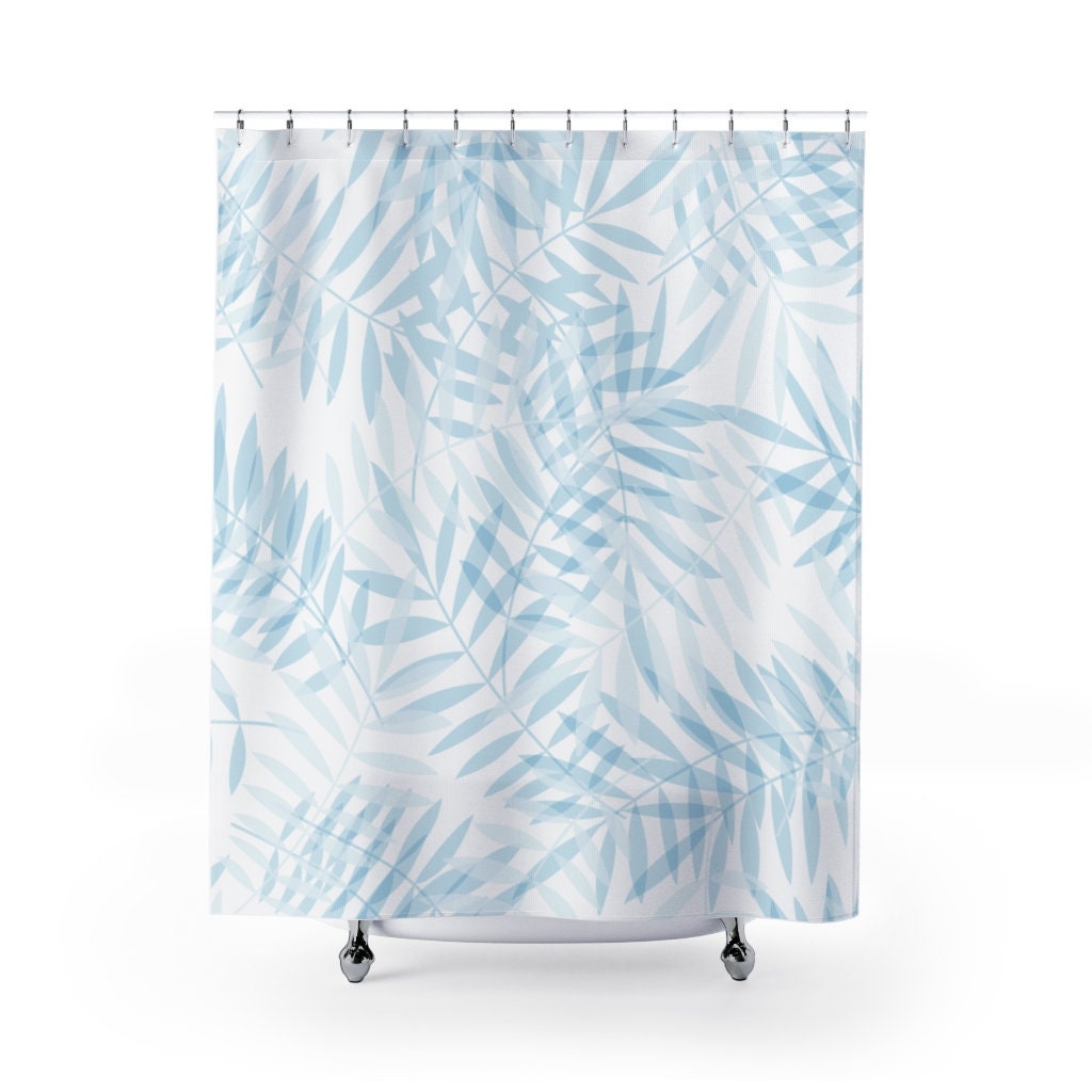Fresh Summery Blue and White Watercolor Palm Leaves Shower Curtain