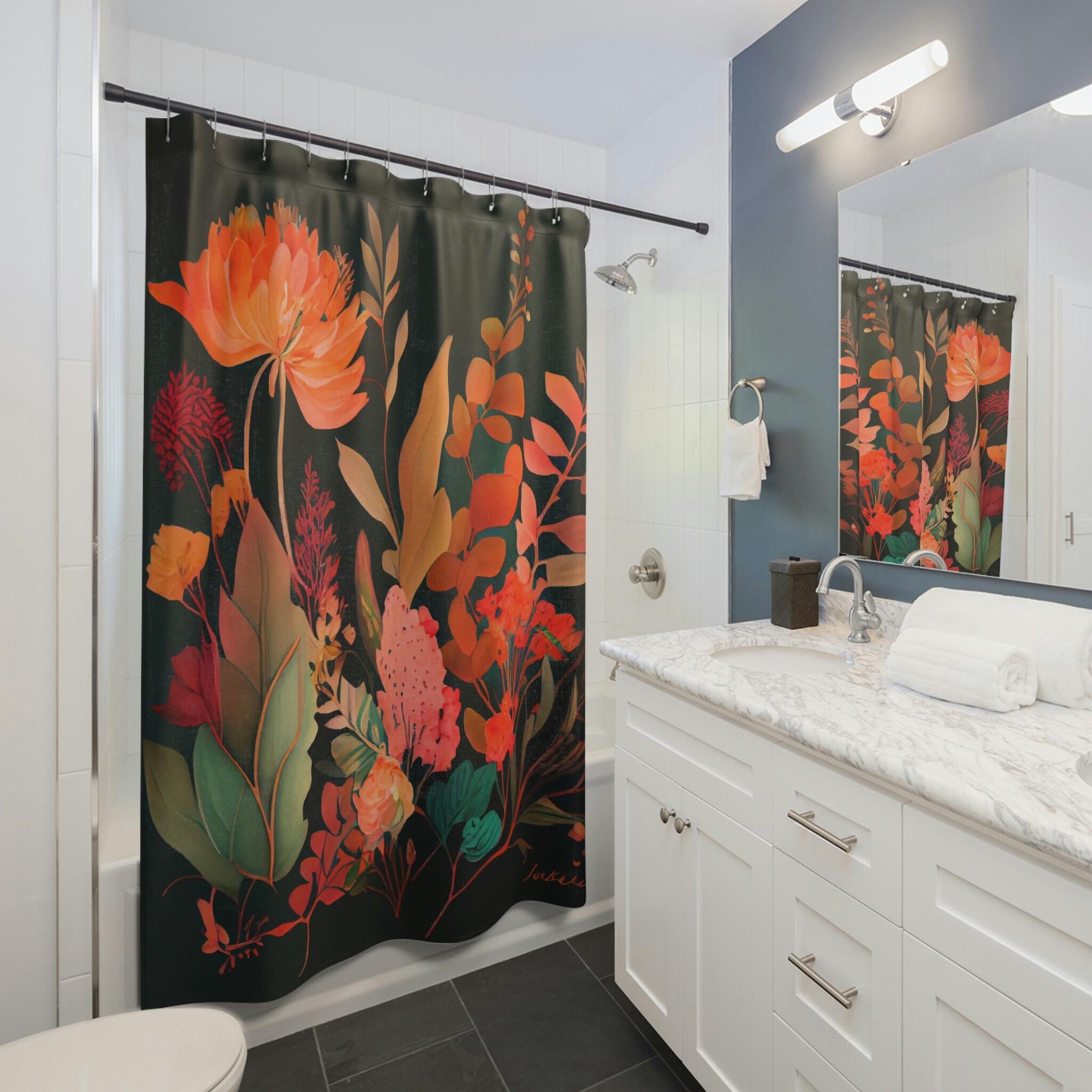 Frida Kahlo Inspired Watercolor Floral Shower Curtain, Boho Chic Bathroom Art