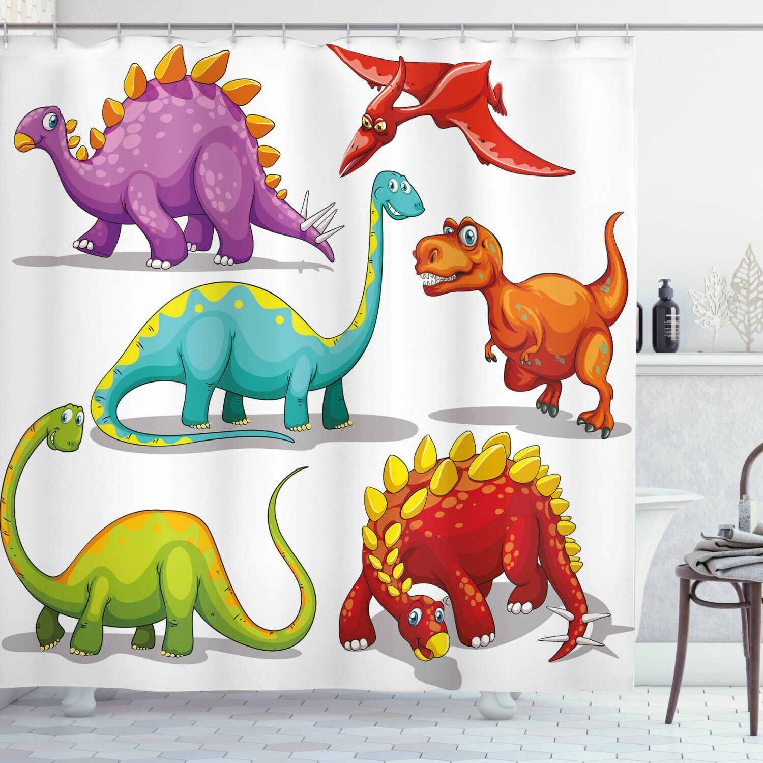 Friendly And Fun Wildlife Print Dinosaur Shower Curtain For A Playful And Adorable Bathroom Decor